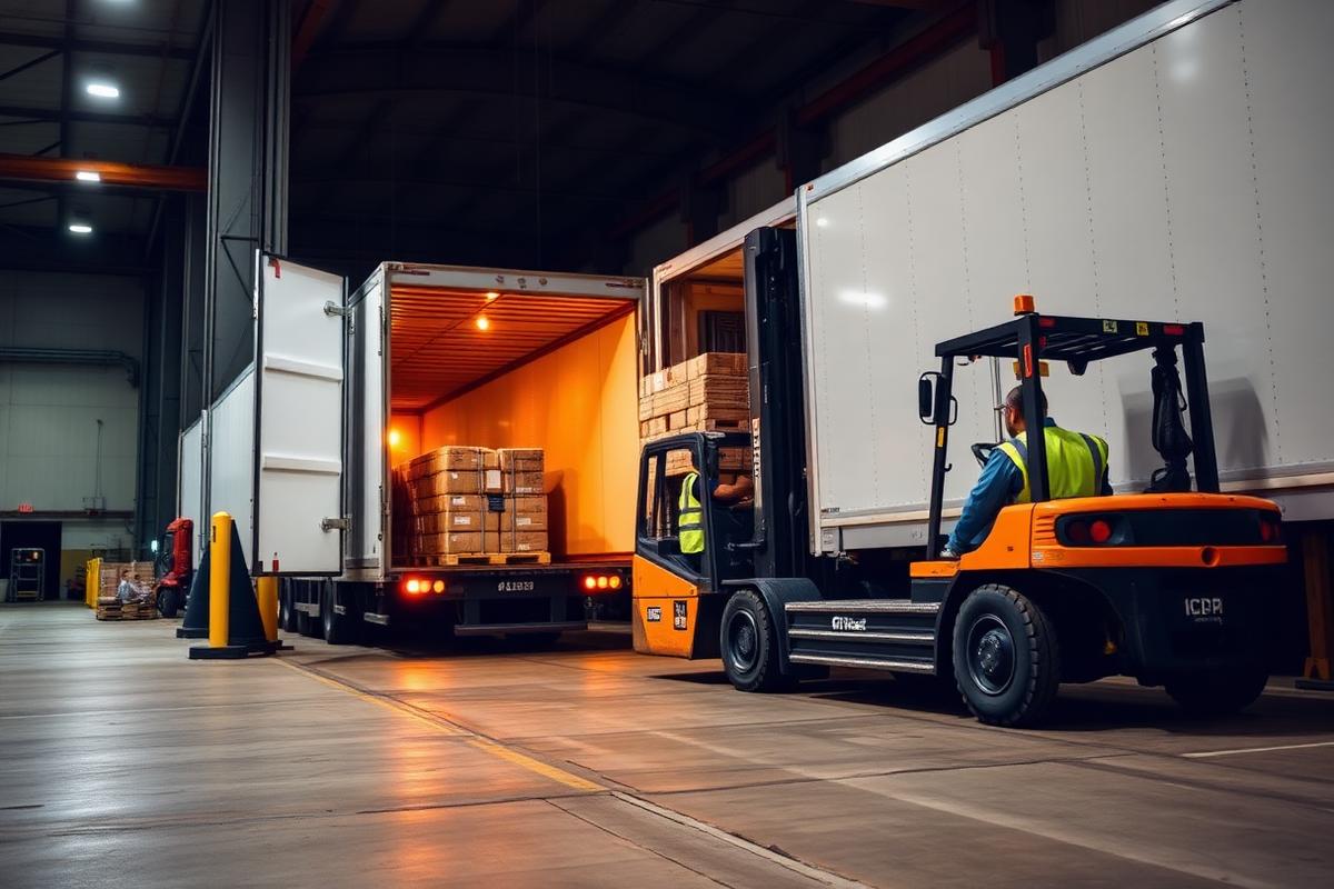 Forklift loading cargo into a freight trailer